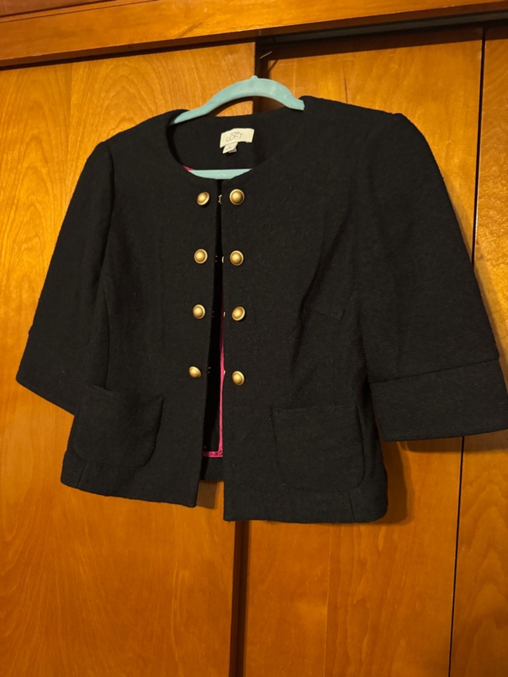 LOFT Navy 3/4 sleeve Wool Jacket with gold buttons